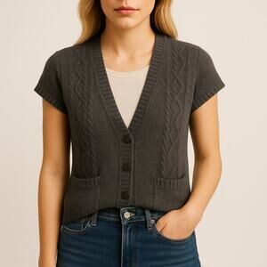 Juna Cardigan Womens S Gray Wool Sweater Short Sleeve Pockets Academia Preppy